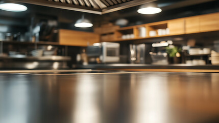 Obraz premium A commercial kitchen with stainless steel surfaces, cabinets, and overhead lighting, representing a professional culinary workspace. The sleek environment fosters creativity.