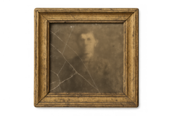 Vintage wooden frame holding old portrait artwork of a man, cracked antique glass, remembering past