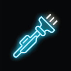 Neon sign representing a portable handheld vacuum cleaner glowing blue and white on a black background