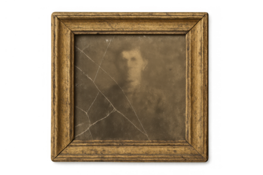 Vintage wooden frame holding old portrait artwork of a man, cracked antique glass, remembering past