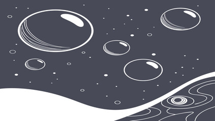 Abstract Bubbles in liquid world: Graphic illustration of transparent bubbles floating in a fluid, serene, dark aquatic environment, symbolizing purity and fluidity.