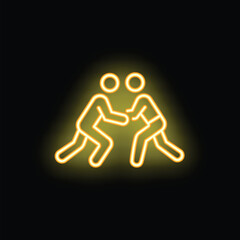 Yellow neon icon of two people wrestling or fighting on a black background