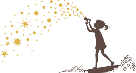 Dream Weaver: A silhouette of a young person holding an object, launching a stream of stars and spheres, symbolizing imagination and creativity.