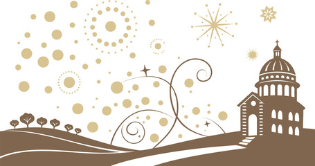 Golden Hues of Heritage: A serene illustration presents a classical building silhouette, accented by abstract patterns, evoking a sense of historical grandeur.