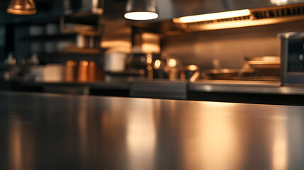 A blurred commercial kitchen with stainless steel surfaces and gleaming metal equipment. The kitchen is spotless, ready for chefs to craft delicious meals. The warm lighting adds a cozy feel.