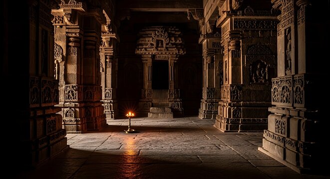 A dimly lit cave temple interior with intricately carved pillars and a small oil lamp casting a warm glow, creating a serene and mysterious atmosphere in the ancient sanctuary