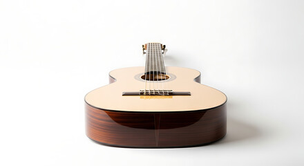Close up view of a classical guitar with strings and a dark wood body on a white background ai generated