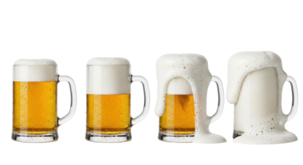 Four identical transparent glass beer mugs with golden lager, showing sequential beer foam stages from thin to overflowing, condensation, isolated on transparent for beverage advertising concept
