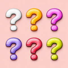 Set of six glossy 3D question mark symbols, vibrant multicolored assortment, representing query, mystery, and problem-solving concepts.