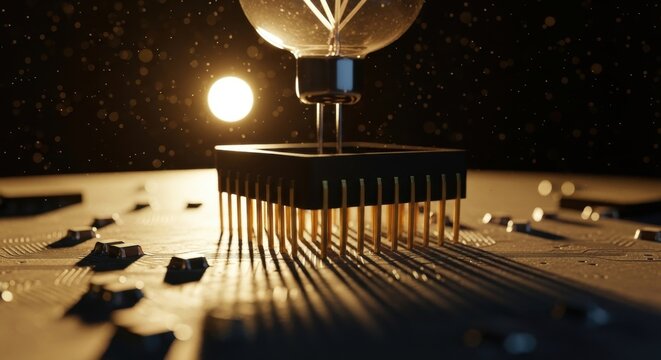 Futuristic microchip with light bulb in starry background