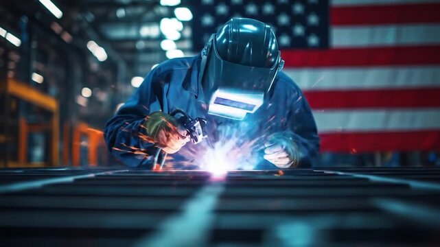 Welder in protective gear sparks intensely on metal against American flag