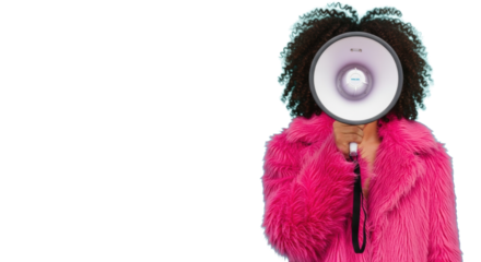 Young adult, gender-neutral, dark curly hair, vibrant pink faux fur coat, face obscured by megaphone, isolated on bright teal background with copy space, concept of public announcement
