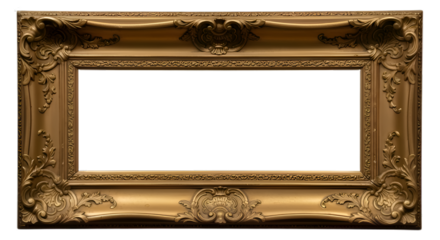 Ornate antique gold picture frame with intricate carvings and decorative embellishments on a black background