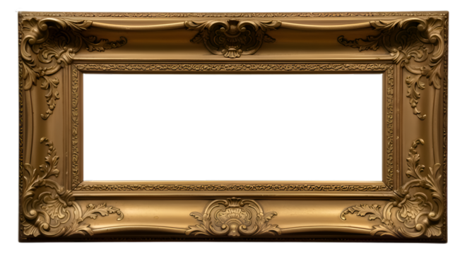 Ornate antique gold picture frame with intricate carvings and decorative embellishments on a black background - Powered by Adobe