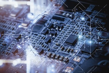 glowing blue text on computer chip, circuit board texture.