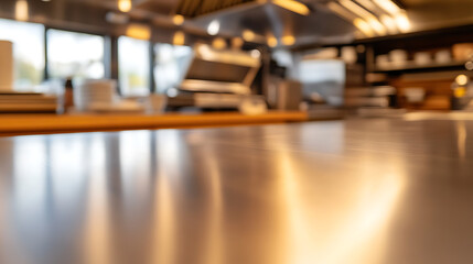 Obraz premium Captured in a commercial kitchen, a gleaming metal surface reflects ambient light, suggesting cleanliness and efficiency. This blurred focus gives a sense of dynamic kitchen environment.