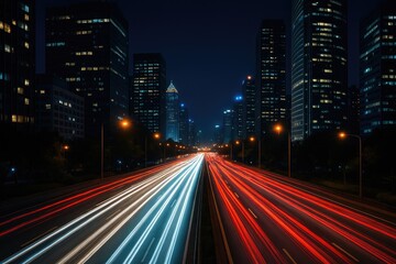 Night highway streaks with city lights, urban commute motion blur, traffic trails, cityscape