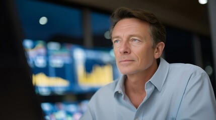 Corporate president analyzing market trends on digital dashboards, emotion of focus and foresight visible, representing executive decision-making, business intelligence, and strategic