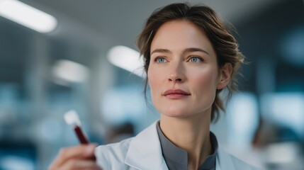 Researcher in futuristic laboratory observing blood sample anomalies through AR projections, with expressions of concern and focus, symbolizing precision diagnostics, advanced technology, and