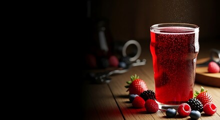 A refreshing glass of berry juice sparkles on a wooden table, surrounded by fresh strawberries, raspberries, blueberries, and blackberries the drink is delicious