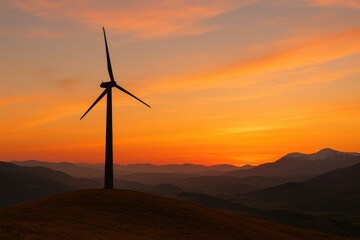 Obraz premium Wind turbine silhouette against a vibrant orange sunset over rolling hills and distant mountains, renewable energy, nature, landscape