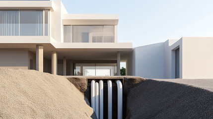 Modern white building facade with pipes running underneath sand. The architecture has an elegant and minimalist design, with large windows and an open floor plan.