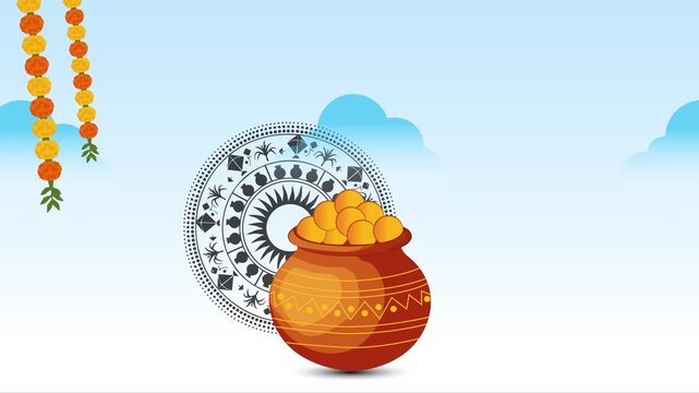 Happy Makar Sankranti Animated Greeting: Flying Kites, Indian Sweets, and Festive Text.