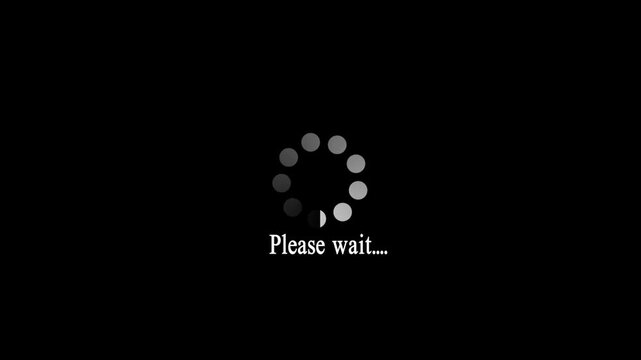 Please wait animation text on black background. Please wait loading process with spinning dots animation Isolated , 4k video.