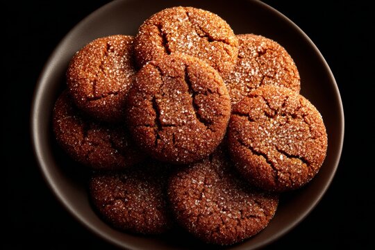 Plate filled with Molasses Ginger Cookies, chewy ginger cookies sweetened with molasses, dusted with powdered sugar against solid black background. Concept of warm, inviting dessert experience.