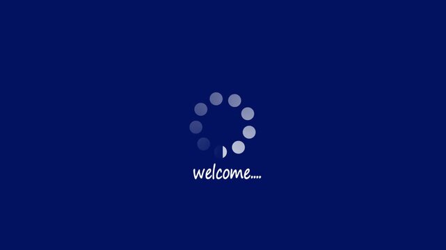 White loading dots spinning bar welcome icon animation on blue background 4k video.