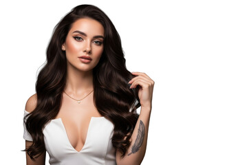 Young caucasian woman, early 20s, long brunette wavy hair, white off-shoulder top, gold necklace, feather tattoo, on dark grey background with copy space, contemporary beauty concept