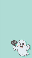 Obraz premium Vertical minimalist vector illustration of a cute friendly ghost holding a sign with the text Boo on a pleasant solid mint background. 