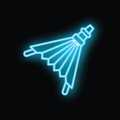 Blue neon sign of a bellows glowing on a black background