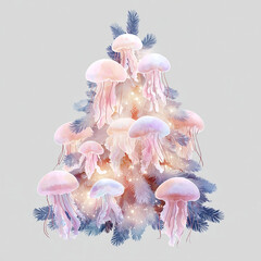 Underwater wonderland created by jellyfish and pine branches forms a unique holiday Christmas tree