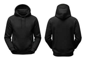 Blank black hoodies, front and back, hood, drawstrings, pocket, soft fabric, perfectly isolated on transparent background, shadowless, ultra photorealistic studio shot. E-commerce product display