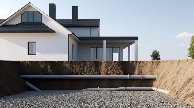 A modern house with a unique cross-sectional view showcasing underground pipes, highlighting infrastructure and architectural design. The setting features natural landscaping.