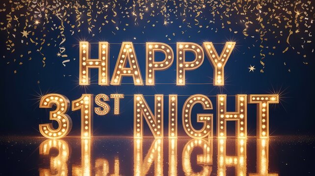 Illuminated marquee letters spell happy 31st night with confetti and reflections - Powered by Adobe