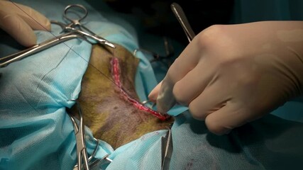 Two veterinarians operate on a cat at a veterinary clinic. They use scalpels and other instruments to remove a visible tumor. They suture the wound, suture, and scar with surgical sutures