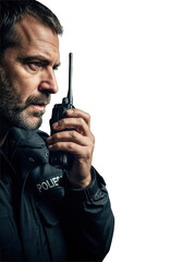 Caucasian police officer, dark beard, speaks into walkie-talkie, urban night, dramatic tactical light, bokeh, concept of urgent police communication