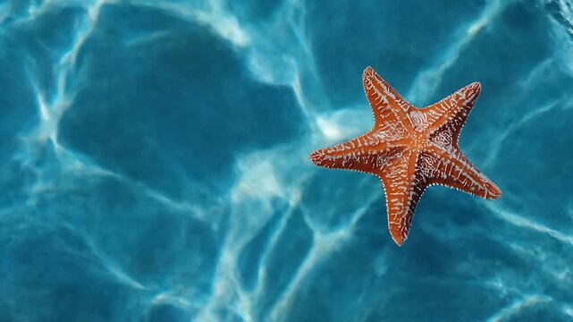 A vibrant starfish floats in clear blue water, reflecting sunlight, creating a stunning underwater scene