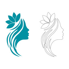 Elegant woman with flower in hair logo design beauty salon and spa concept