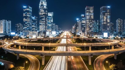 Vibrant cityscape at night showing light trails from vehicles on a busy circular highway interchange with illuminated skyscrapers - Powered by Adobe
