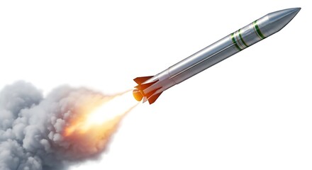 Fototapeta premium Silver missile launching with bright orange flames and thick grey smoke Keywords: rocket, missile, launch, space, military, weapon, attack, defense