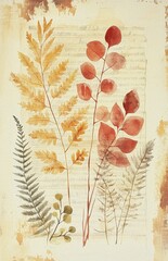 Watercolor, vintage-style botanical illustration of ferns and leaves on an old paper background.