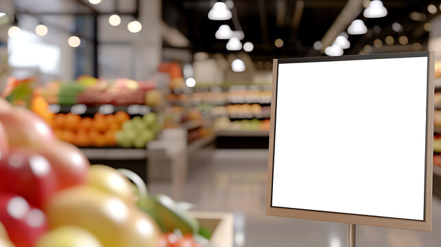 Fresh produce market display board with a blank sign on stand, ready for customization. The crisp white surface attracts customers and showcases produce behind it. - Powered by Adobe