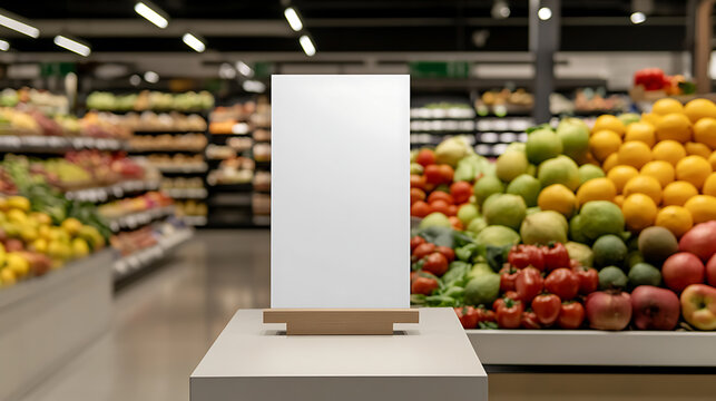 A supermarket stand with fresh produce in the backdrop. Great for marketing fresh groceries, with a blank white sign to highlight a sale or promotion, food-related campaigns.