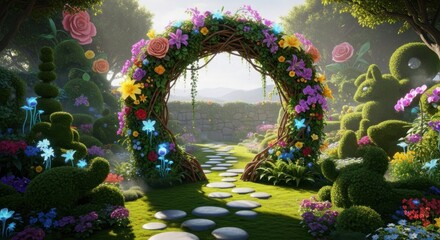 Enchanting floral archway leads to a sunlit magical garden path