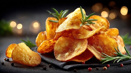 Crispy golden potato chips with rosemary and peppercorn accents
