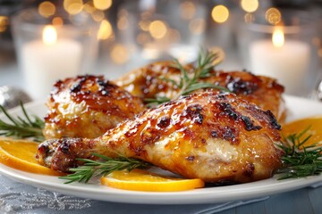 Rosemary Orange Glazed Turkey Legs with orange slices and rosemary on white plate against blurred bokeh background. Concept of savory turkey legs roasted with rosemary and orange glaze.