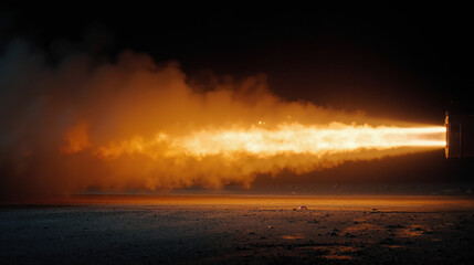 Powerful rocket engine test firing with intense flames and dramatic smoke at night in a desert landscape setting